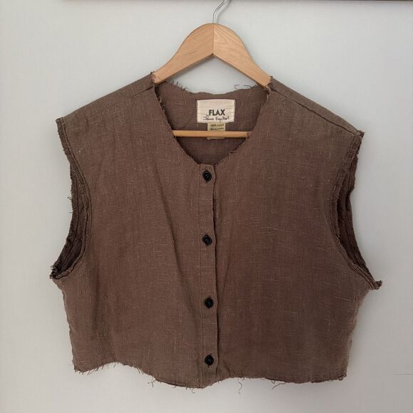 Flax Tops - Vintage Flax By Jeanne Engelhart Cropped Raw Edge Best Button 100% Linen Size S